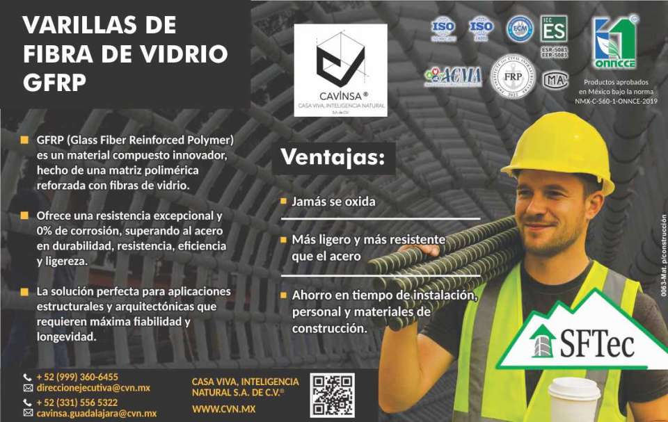 Varilla GFRP, Jamas se oxida, mas ligero y mas resistente que el acero, Ahorro en tiempo de instalacion, personal y construccion. Para aplicaciones Estructurales y Arquitectonicas.