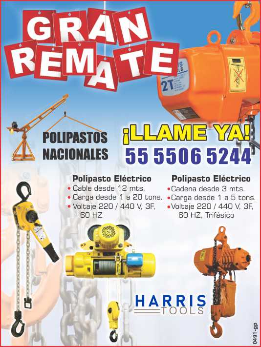 Great Sale! Electric Hoist: 12-meter cable, load capacity from 1 to 20 tons, voltage 220/440 V, 3Ph, 60 Hz. Electric Hoist: 3-meter chain, load capacity from 1 to 5 tons, voltage 220/440 V.