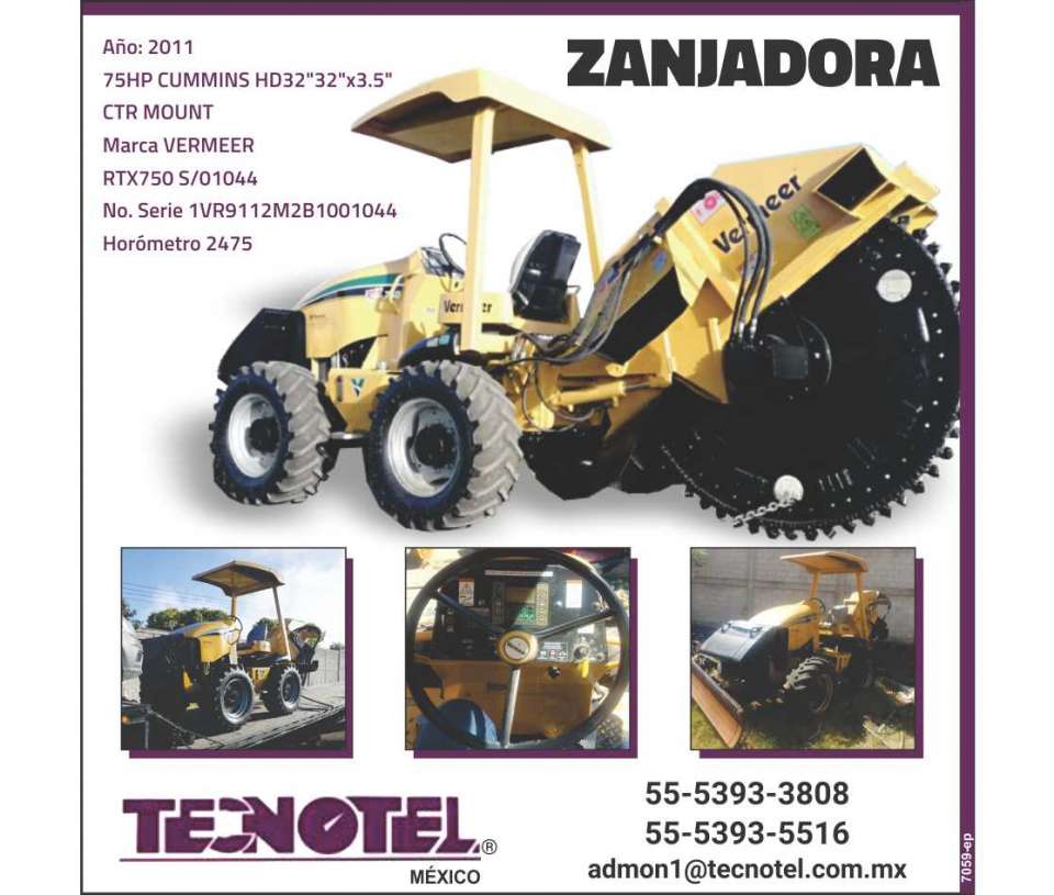 Zanjadora Vermeer, año 2011, 75HP Cummins HD32"32"x3.5" CTR MOUNT, RTX750 S/01044, Serie: 1VR9112M2B1001044, Horometro 2475 Zanjadora Vermeer, año 2011, 75HP Cummins HD32"32"x3.5" CTR MOUNT, RTX750 S/01044, Serie: 1VR9112M2B1001044, Horometro 2475