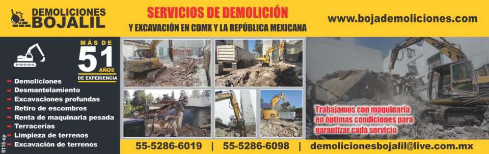 Servicios de Demolicion y Excavacion, Desmantelamientos, Retiro de escombros, Renta de Maquinaria Pesada, Terracerias, Limpieza de terrenos, Excavacion de Terrenos. CDMX y la Republica Mexicana.